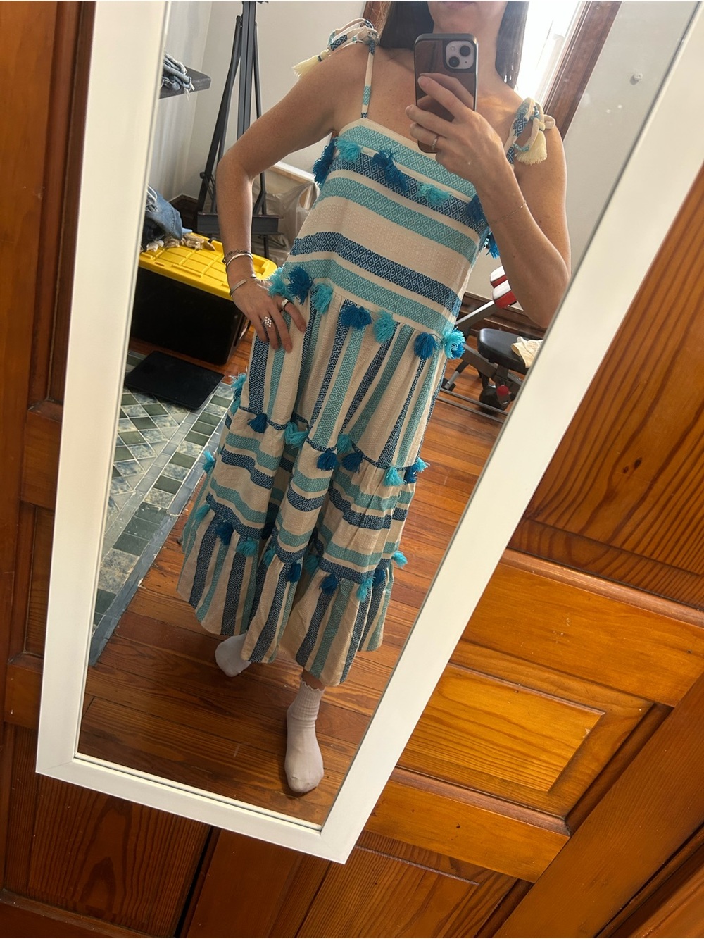 Anthropologie x Tessora Striped Blue & Cream Tiered Tie-Shoulder Midi dress